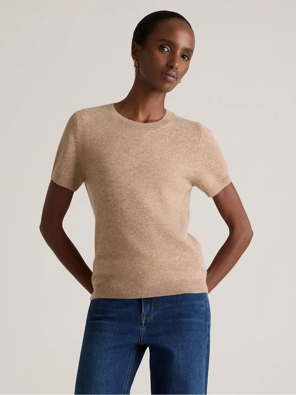 Quince Camel Short-Sleeve Cashmere Sweater